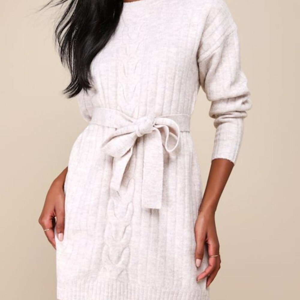 Lulus Wishing On Winter Cream Cable Knit Mini Sweater Dress White - Size L